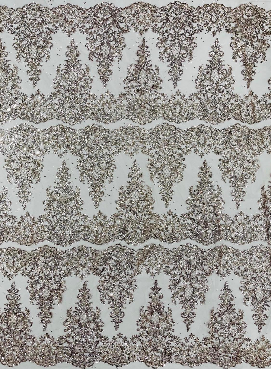 Rose Damask Glitter Fabric - Glitter Design Fabric on Mesh by Yard