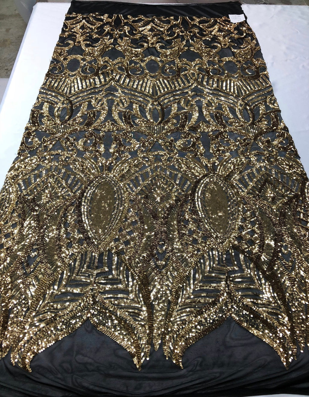 Gold Sequins on Black mesh Royalty Design 4 Way Stretch Sequins Fabric By The Yard