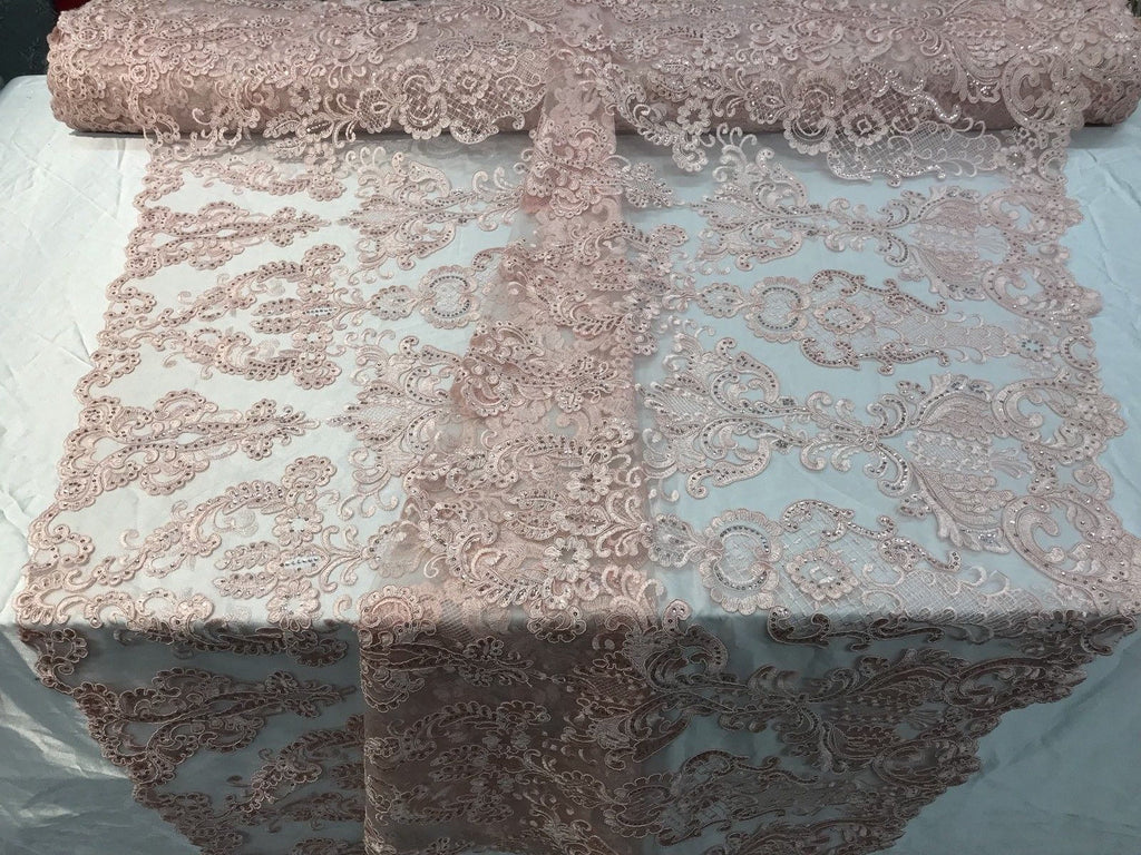 Floral - Pink - Embroided Lace Fabric Damask Pattern - Beautiful Fabrics Sold by The Yard