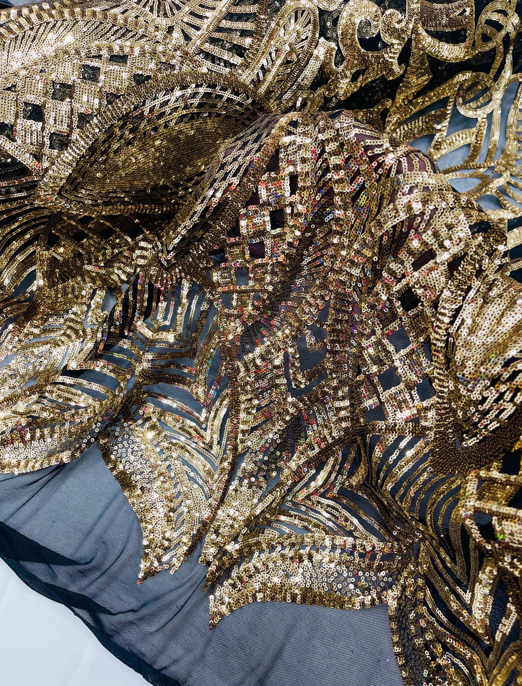 Gold Sequins on Black mesh Royalty Design 4 Way Stretch Sequins Fabric By The Yard