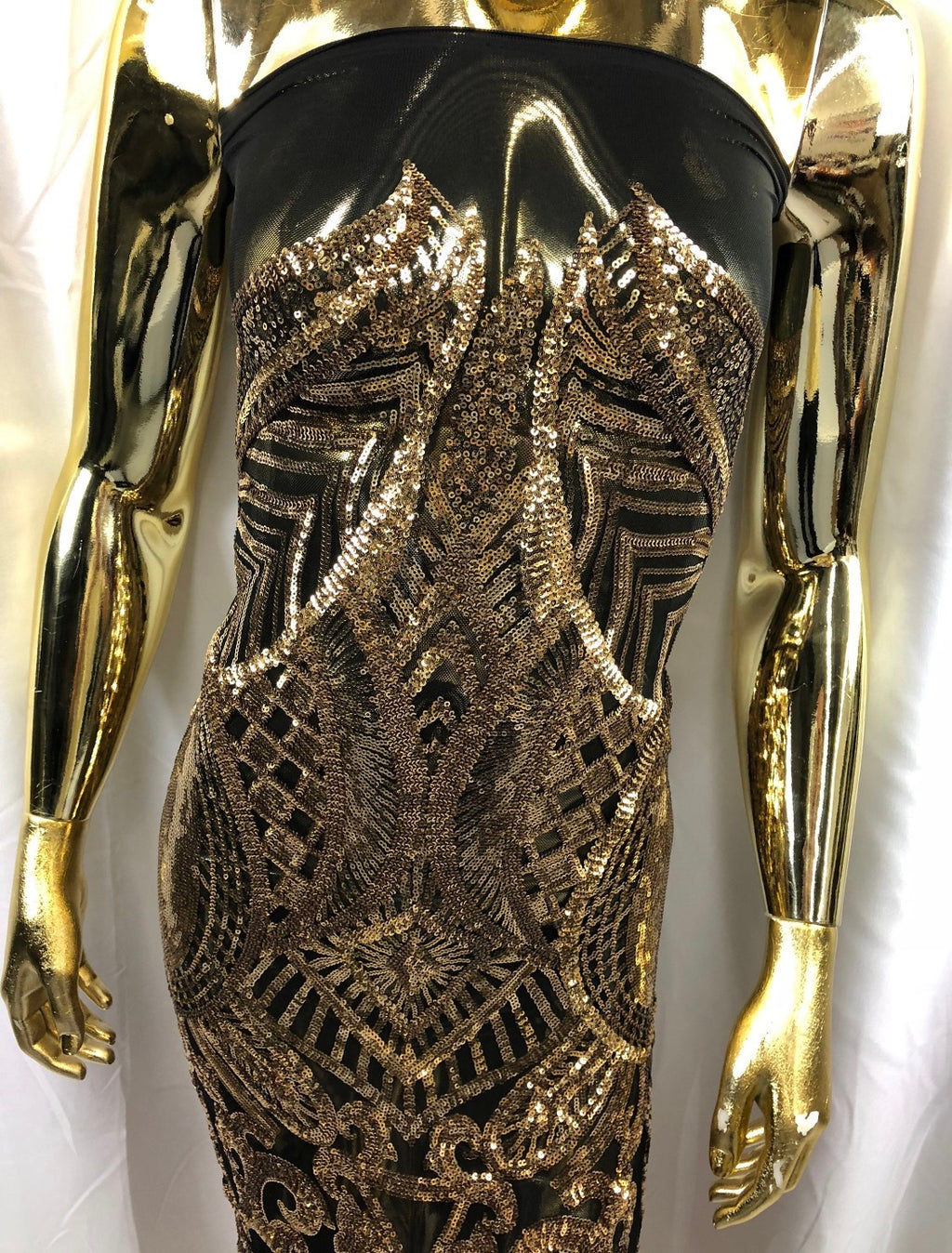 Gold Sequins on Black mesh Royalty Design 4 Way Stretch Sequins Fabric By The Yard