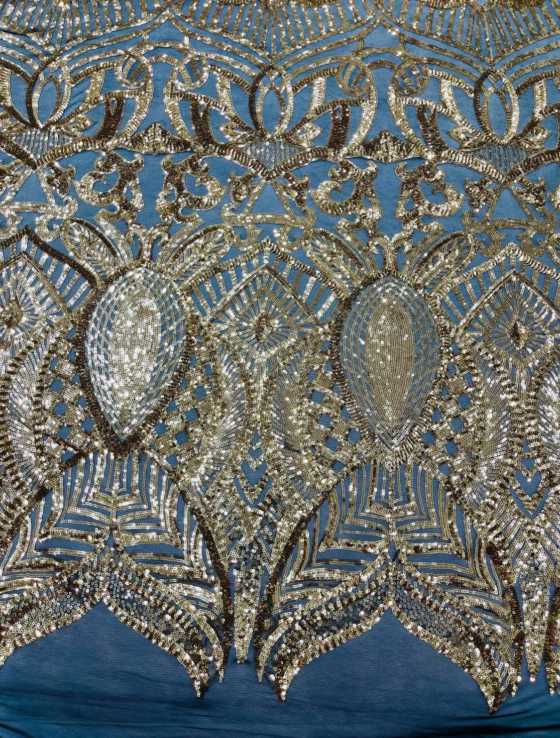 Gold Sequins on Black mesh Royalty Design 4 Way Stretch Sequins Fabric By The Yard