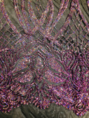 Holographic Sequin Fabric - 4 Way Stretch Sequins Design on Black Mesh By Yard
