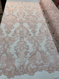 Floral - Pink - Embroided Lace Fabric Damask Pattern - Beautiful Fabrics Sold by The Yard