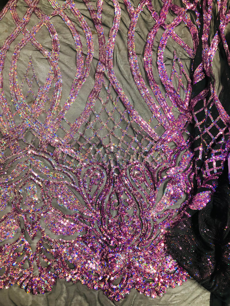 Holographic Sequin Fabric - 4 Way Stretch Sequins Design on Black Mesh By Yard