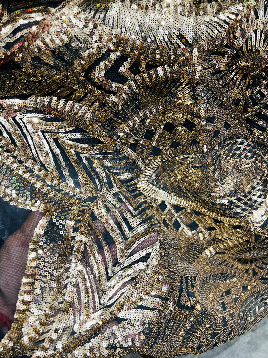 Gold Sequins on Black mesh Royalty Design 4 Way Stretch Sequins Fabric By The Yard