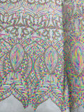 Multi Color Iridescent - White Mesh 4 Way Stretch Embroidered Royalty Sequins Design Fabric By Yard