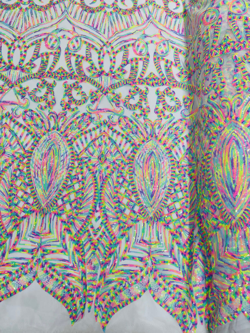 Multi Color Iridescent - White Mesh 4 Way Stretch Embroidered Royalty Sequins Design Fabric By Yard