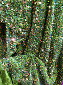 Velvet Stretch Sequins - Irisdescent Clear Sequins on Olive 2 Way Stretch Velvet Fabric 58/60”