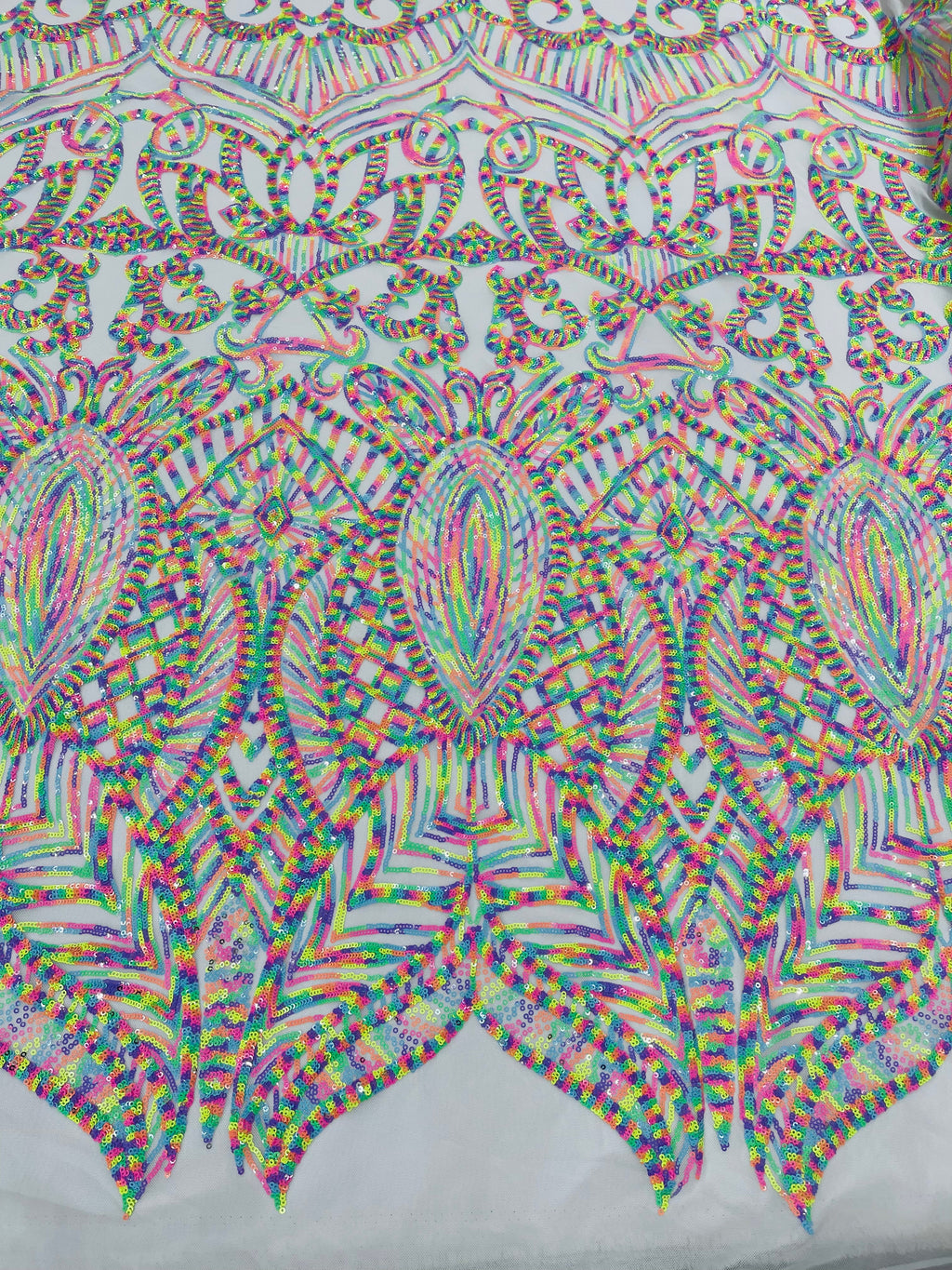Multi Color Iridescent - White Mesh 4 Way Stretch Embroidered Royalty Sequins Design Fabric By Yard