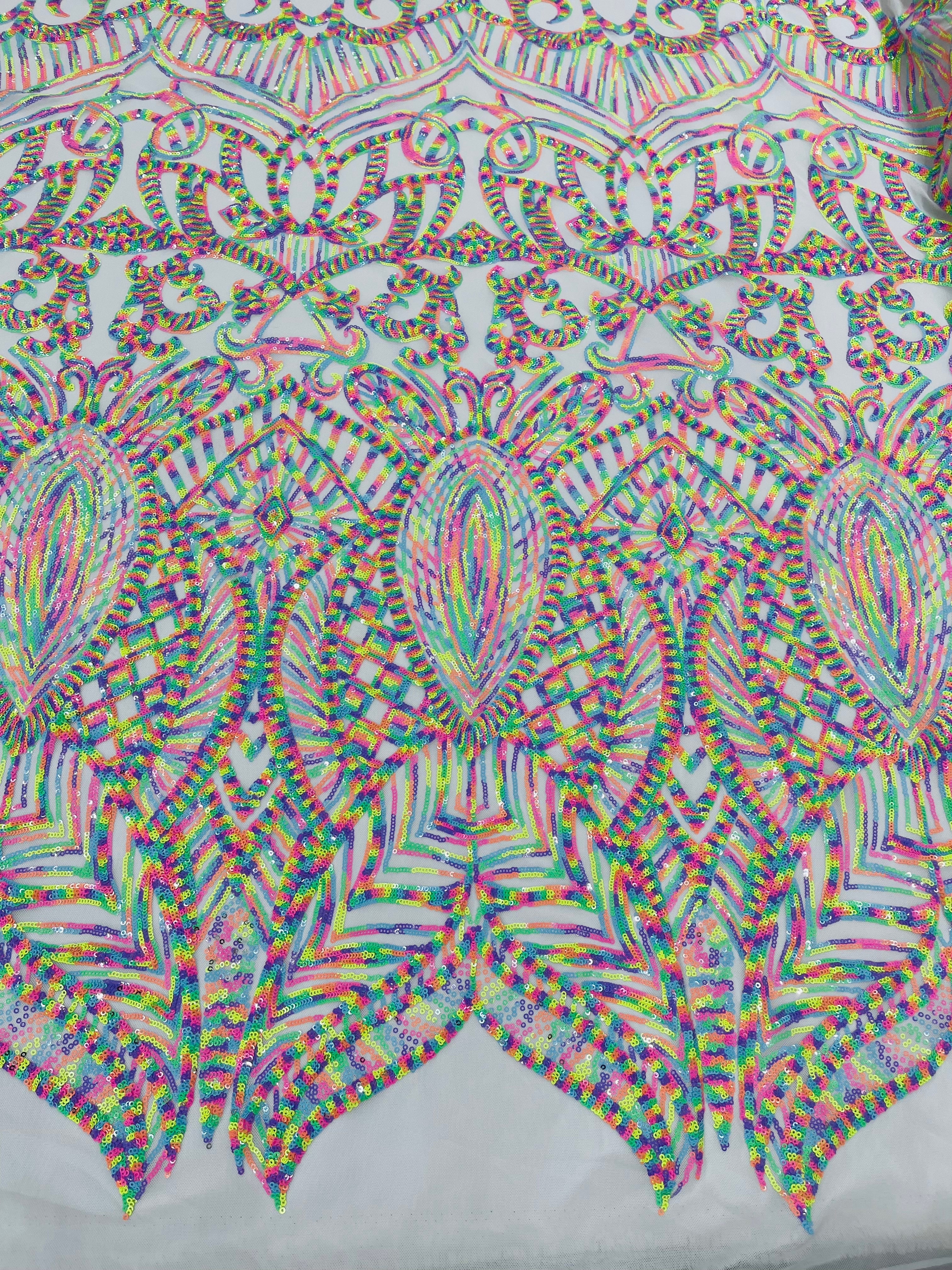 Multi Color Iridescent - White Mesh 4 Way Stretch Embroidered Royalty Sequins Design Fabric By Yard