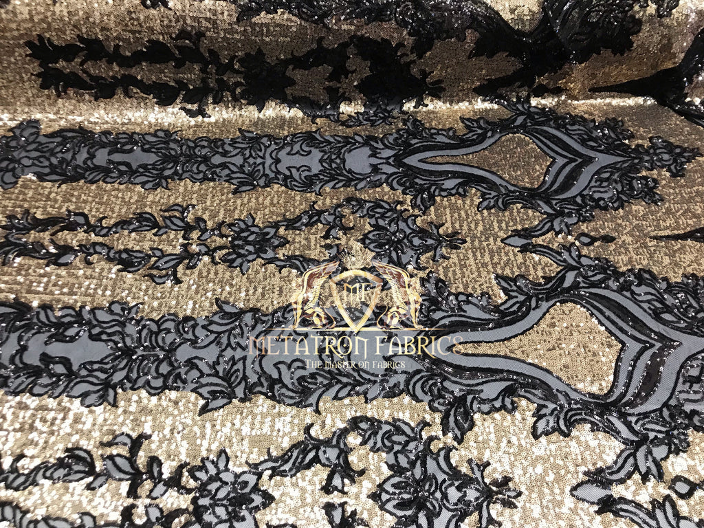 4 Way Stretch - Black and Gold - Two Tone Flower Design Sequins On Stretch Mesh Sold By The Yard