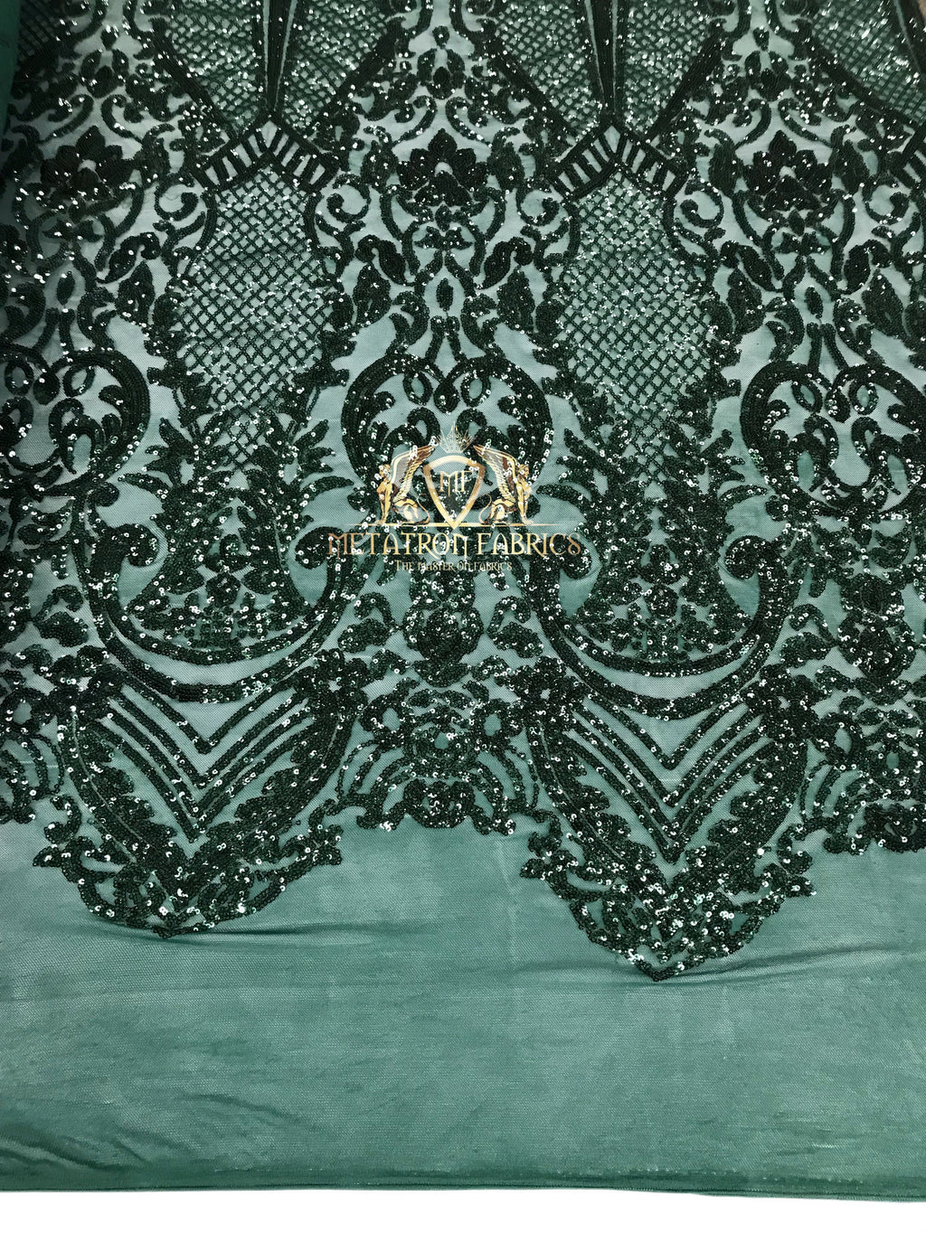 Sequins - Hunter Green - 4 Way Stretch Fancy Fabric Embroidered On Mesh Sold By The Yard