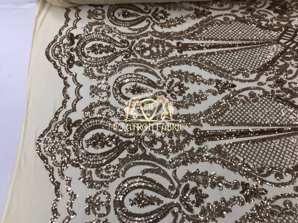 Sequins - Champagne - 4 Way Stretch Fancy Fabric Embroidered On Mesh Sold By The Yard