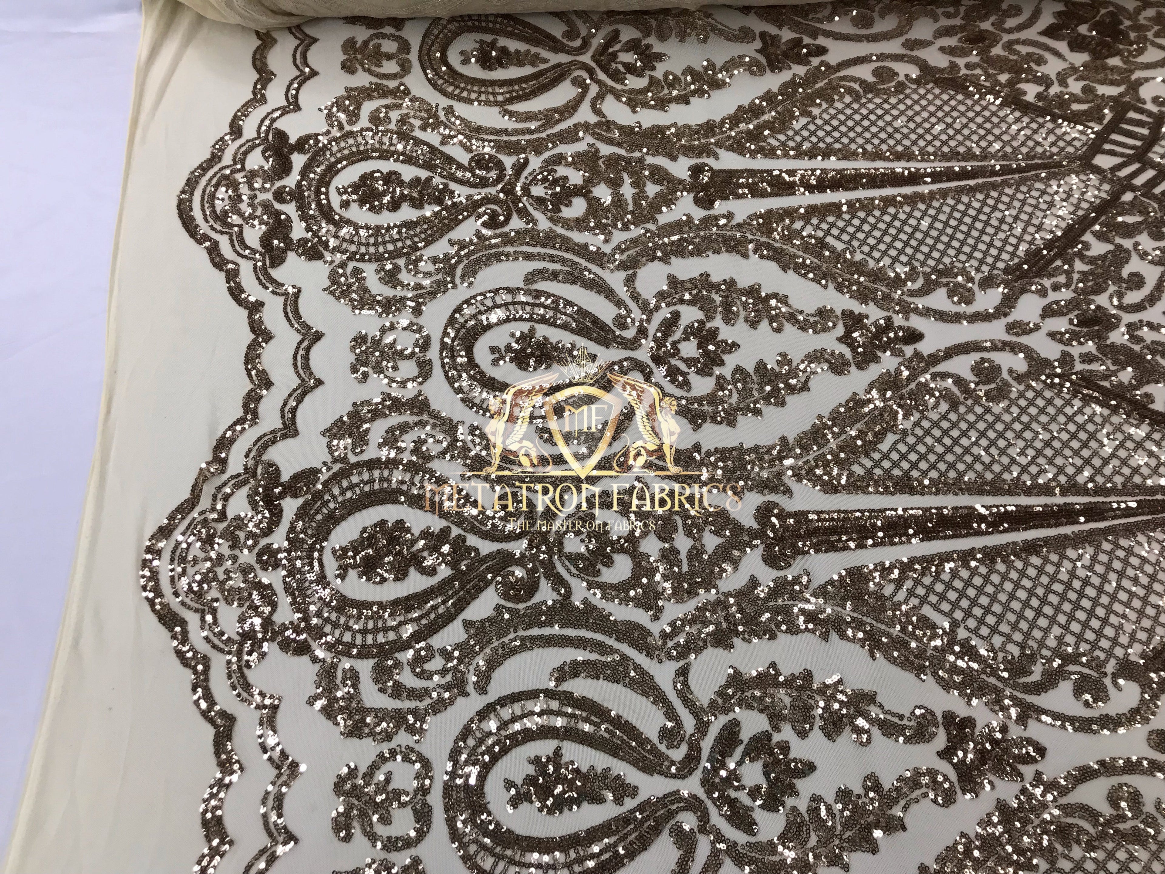 Sequins - Champagne - 4 Way Stretch Fancy Fabric Embroidered On Mesh Sold By The Yard