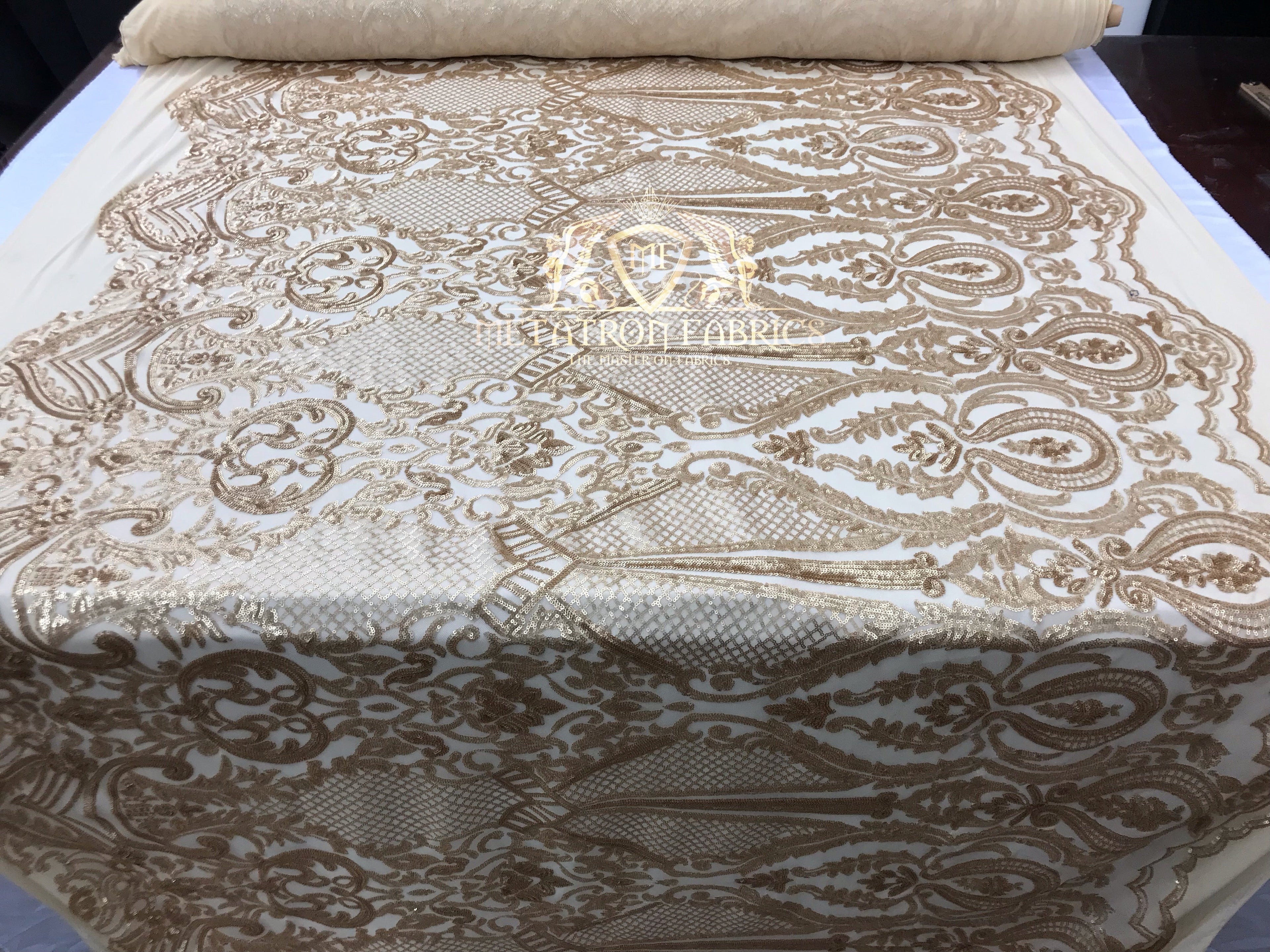 Sequins - Gold - 4 Way Stretch Fancy Fabric Embroidered On Mesh Sold By The Yard