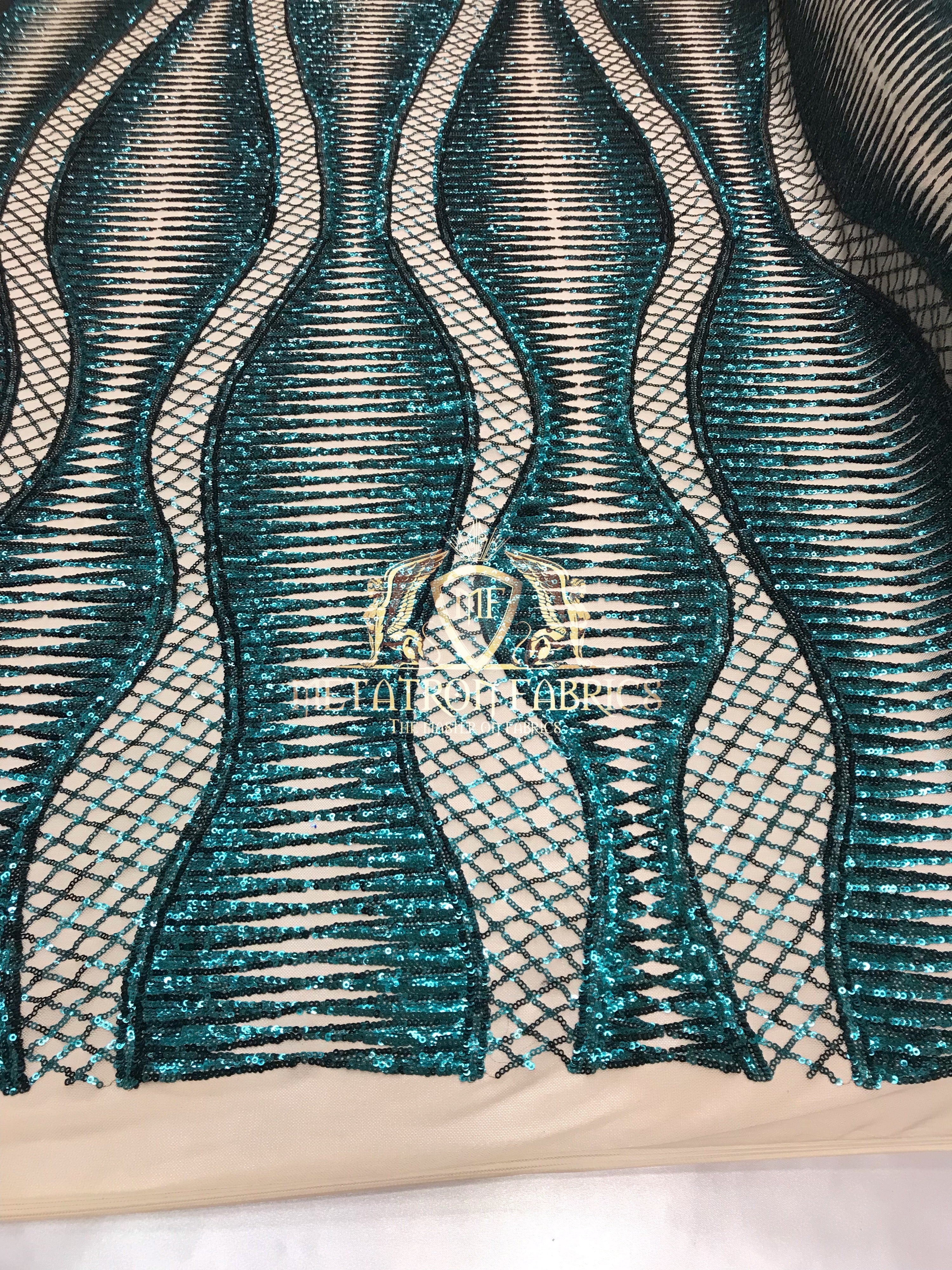 4 Way Stretch - Teal  - Horizontal Line Design Sequins On Stretch Mesh By The Yard