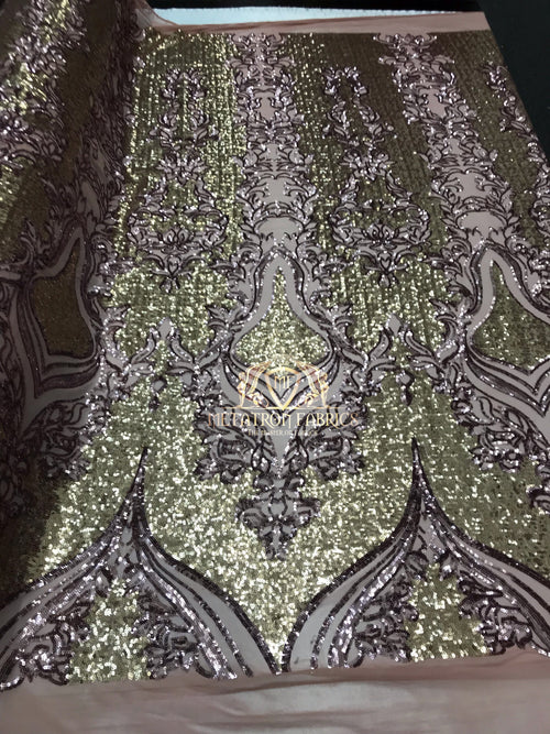 4 Way Stretch - Light Gold and Silver - Two Tone Flower Design Sequins On Stretch Mesh By The Yard