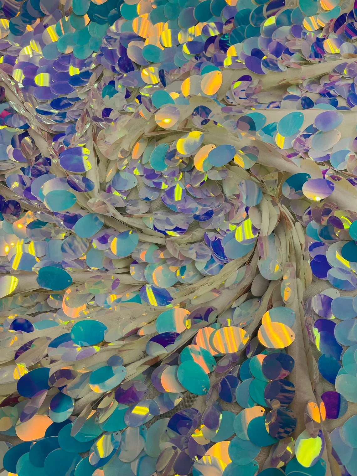 Iridescent Jumbo Oval Sequins - Green Iridescent - Paillette Oval Sequins Fabric on White Mesh Sold By Yard