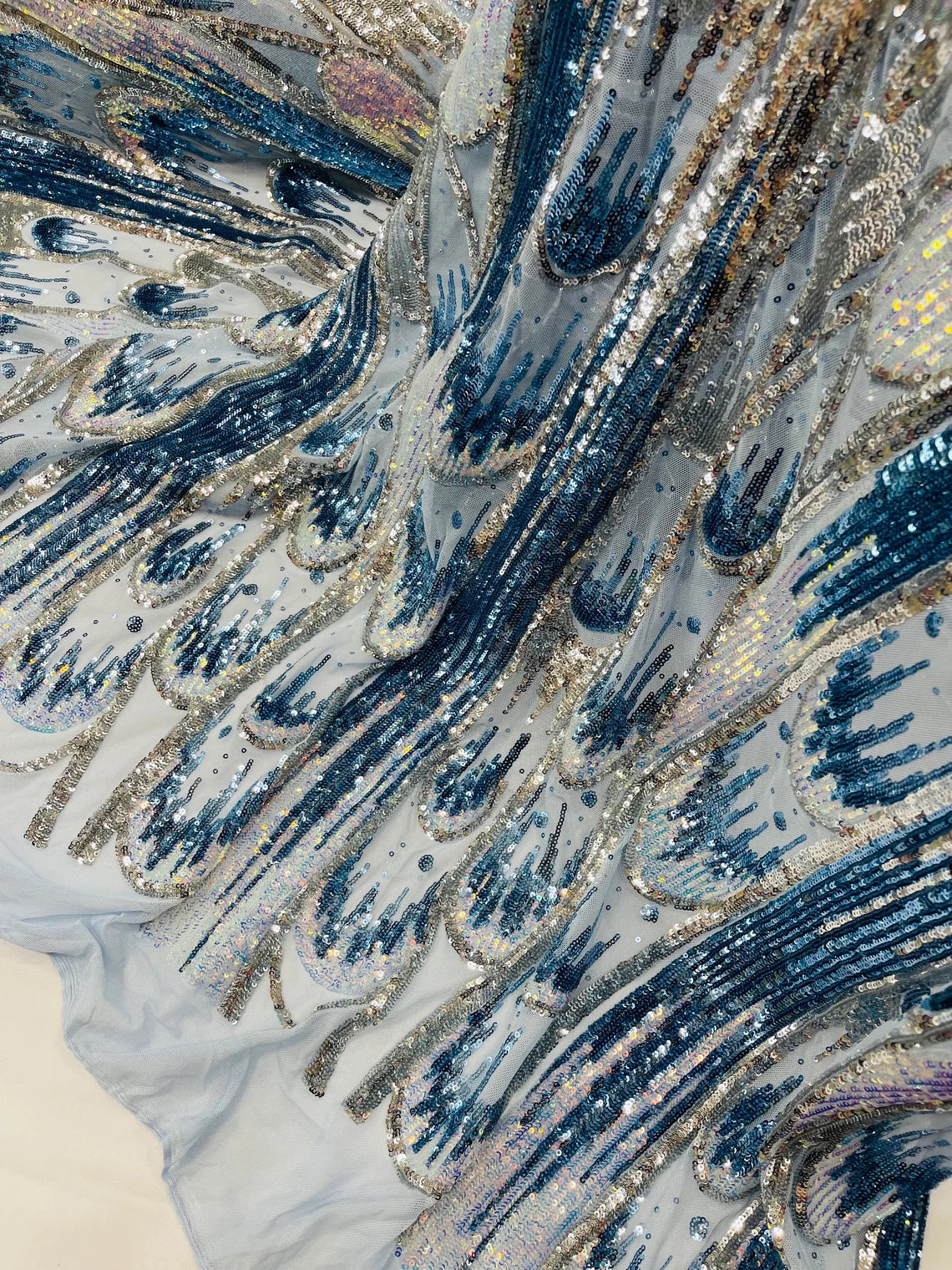Multi-Color Sequins Design - Aqua / Silver / Blue - 4 Way Stretch Sequins Fabric By The Yard