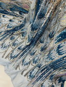 Multi-Color Sequins Design - Aqua / Silver / Blue - 4 Way Stretch Sequins Fabric By The Yard