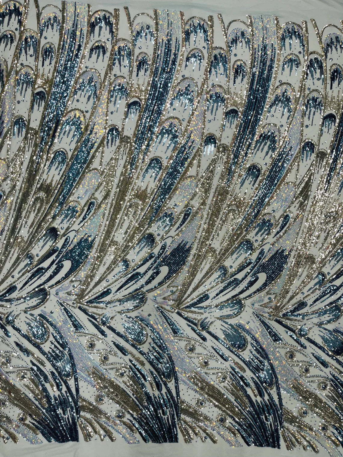 Multi-Color Sequins Design - Aqua / Silver / Blue - 4 Way Stretch Sequins Fabric By The Yard