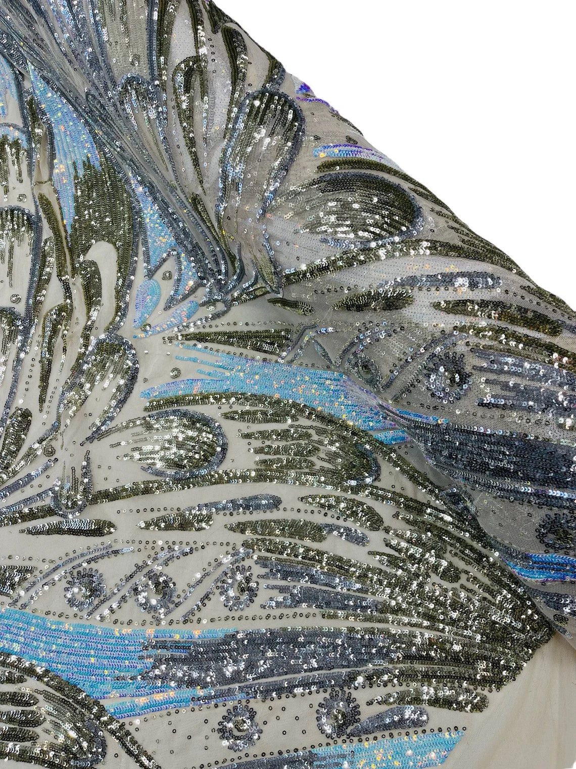 Multi-Color Sequins Design - Aqua / Silver / Blue - 4 Way Stretch Sequins Fabric By The Yard