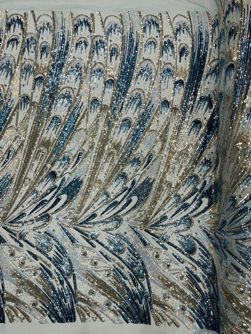 Multi-Color Sequins Design - Aqua / Silver / Blue - 4 Way Stretch Sequins Fabric By The Yard