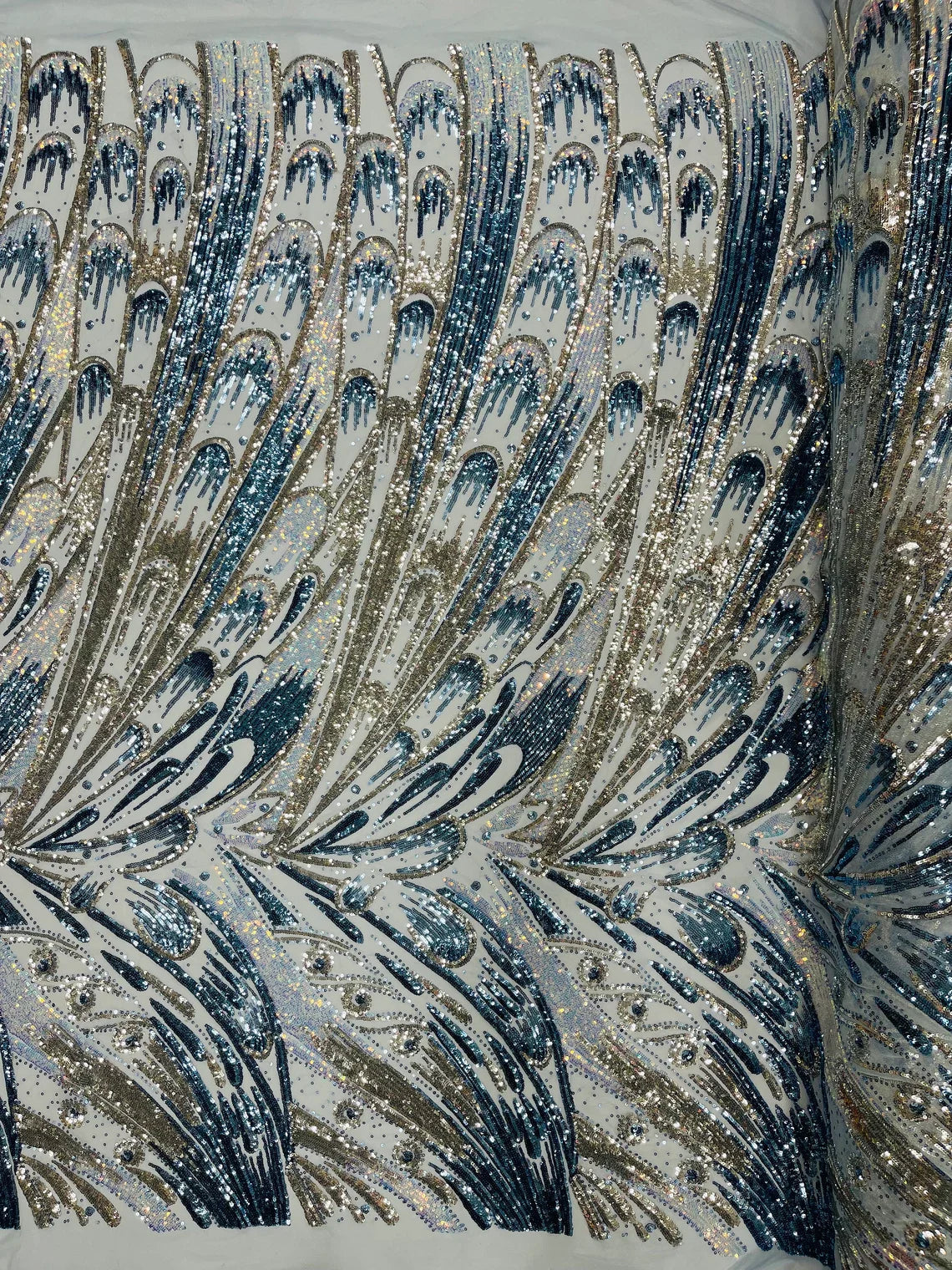 Multi-Color Sequins Design - Aqua / Silver / Blue - 4 Way Stretch Sequins Fabric By The Yard