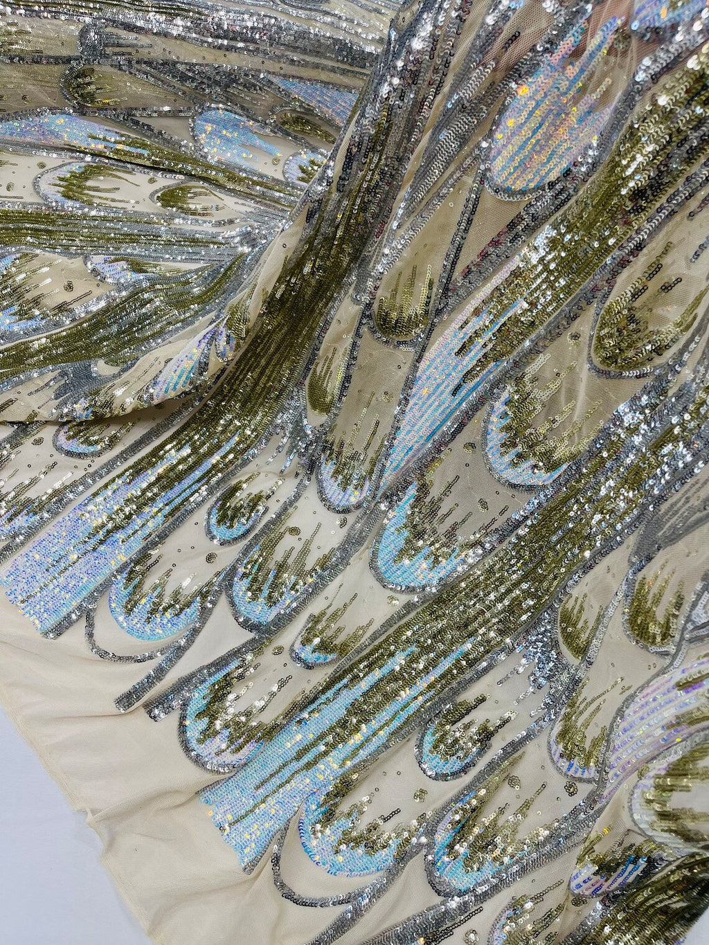 Multi-Color Sequins Design - Aqua / Silver / Lt Gold - 4 Way Stretch Sequins Fabric By The Yard
