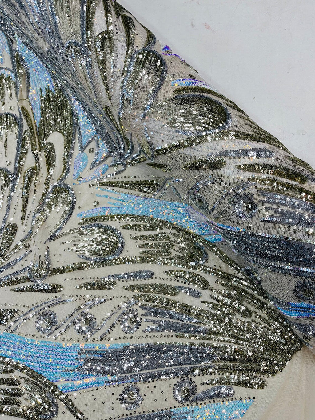 Multi-Color Sequins Design - Aqua / Silver / Lt Gold - 4 Way Stretch Sequins Fabric By The Yard