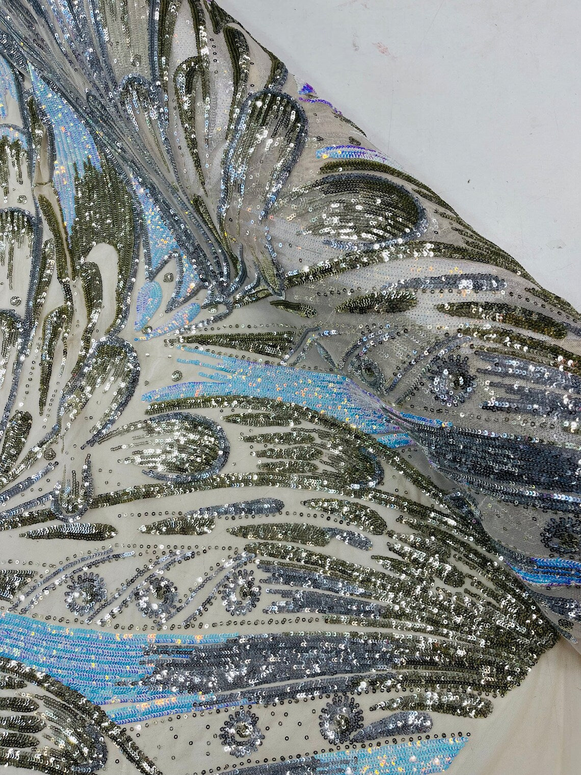 Multi-Color Sequins Design - Aqua / Silver / Lt Gold - 4 Way Stretch Sequins Fabric By The Yard