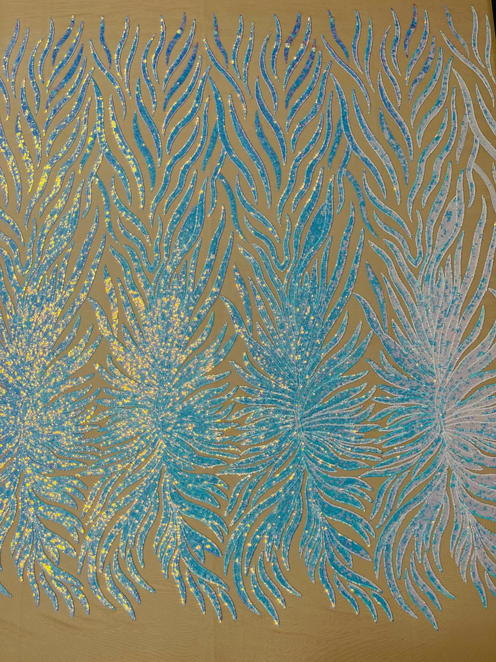 Angel Wing Sequin Design - Aqua - Wing Patterns Embroidered with Sequins on Mesh Sold By Yard