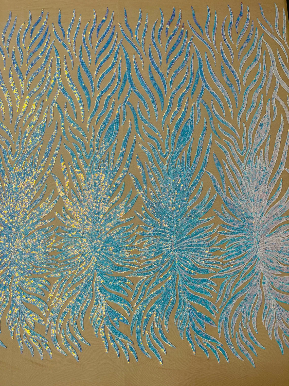 Angel Wing Sequin Design - Aqua - Wing Patterns Embroidered with Sequins on Mesh Sold By Yard