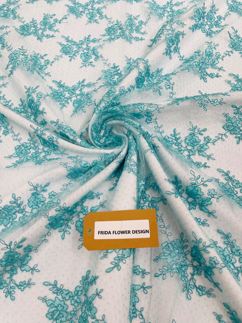 Embroidered Corded Lace Fabric - Aqua - Cluster Fancy Flower Embroidered Lace Fabric By Yard