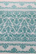 Beaded My Lady Damask Design - Aqua - Beaded Fancy Damask Embroidered Fabric By Yard