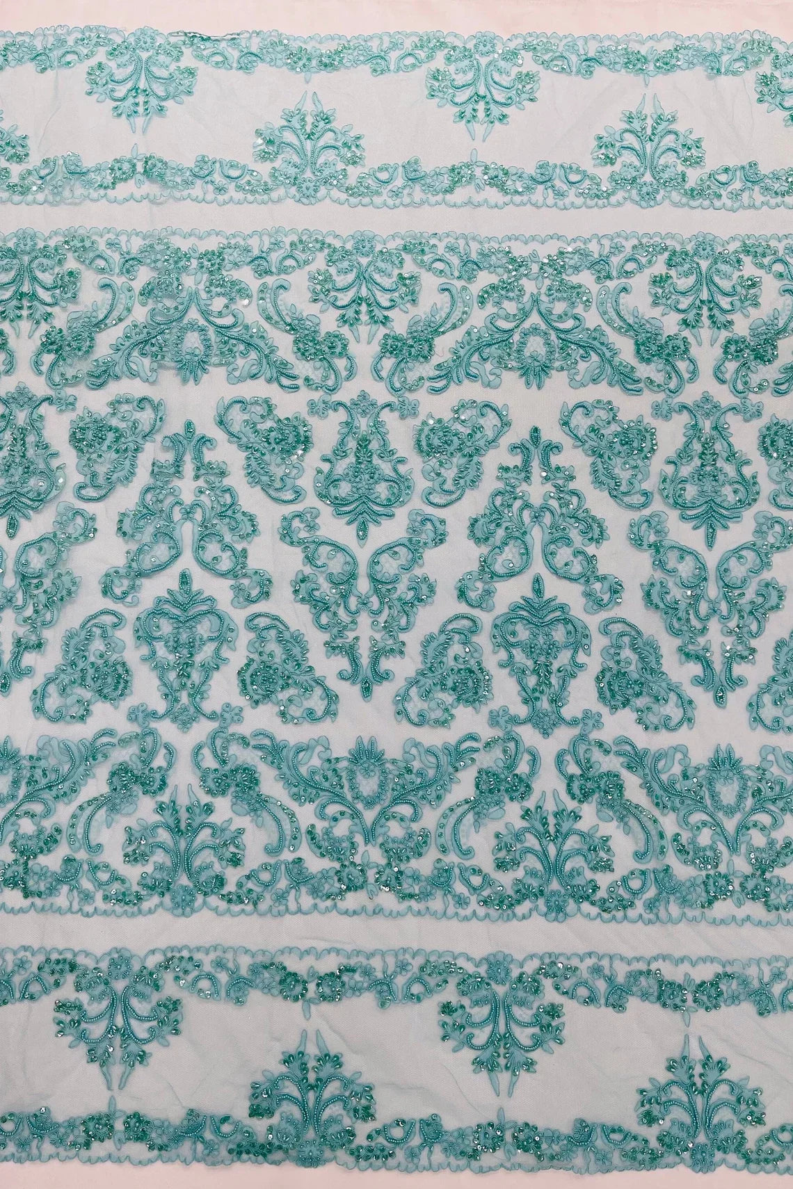 Beaded My Lady Damask Design - Aqua - Beaded Fancy Damask Embroidered Fabric By Yard