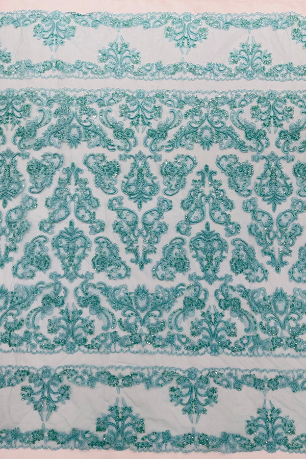 Beaded My Lady Damask Design - Aqua - Beaded Fancy Damask Embroidered Fabric By Yard