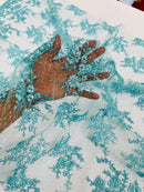 Embroidered Corded Lace Fabric - Aqua - Cluster Fancy Flower Embroidered Lace Fabric By Yard