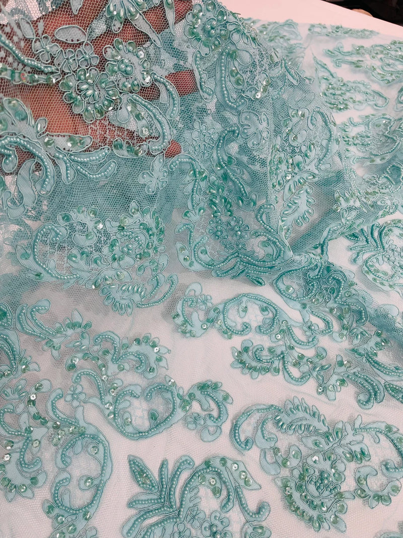 Beaded My Lady Damask Design - Aqua - Beaded Fancy Damask Embroidered Fabric By Yard