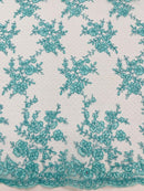 Embroidered Corded Lace Fabric - Aqua - Cluster Fancy Flower Embroidered Lace Fabric By Yard