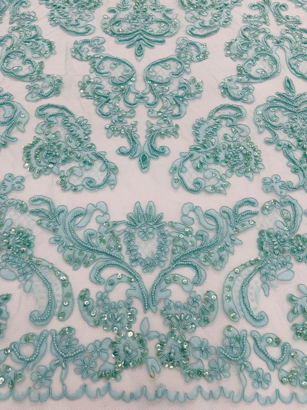 Beaded My Lady Damask Design - Aqua - Beaded Fancy Damask Embroidered Fabric By Yard