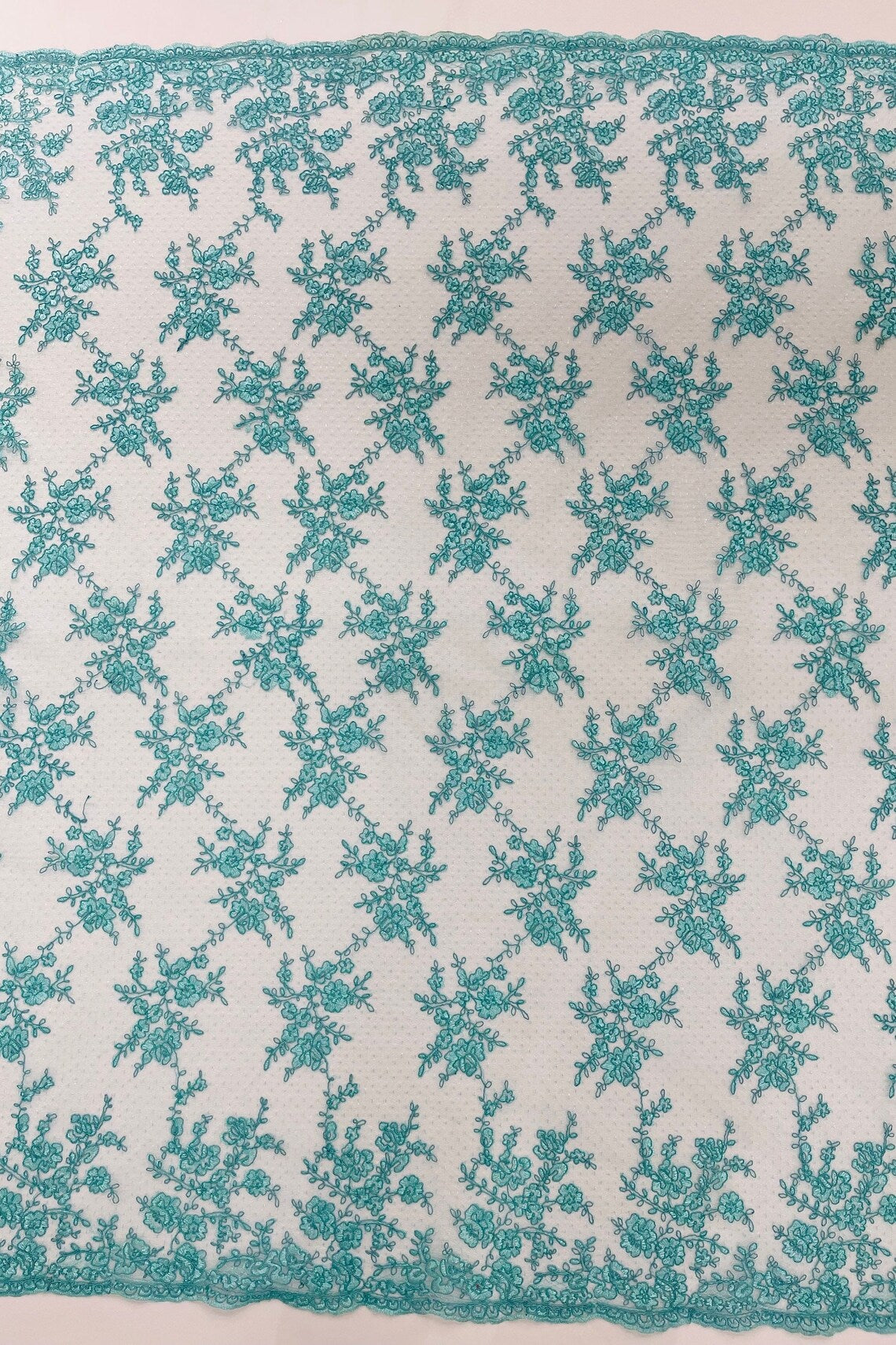 Embroidered Corded Lace Fabric - Aqua - Cluster Fancy Flower Embroidered Lace Fabric By Yard