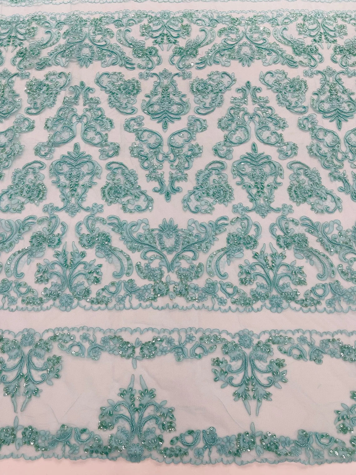 Beaded My Lady Damask Design - Aqua - Beaded Fancy Damask Embroidered Fabric By Yard