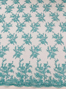 Embroidered Corded Lace Fabric - Aqua - Cluster Fancy Flower Embroidered Lace Fabric By Yard