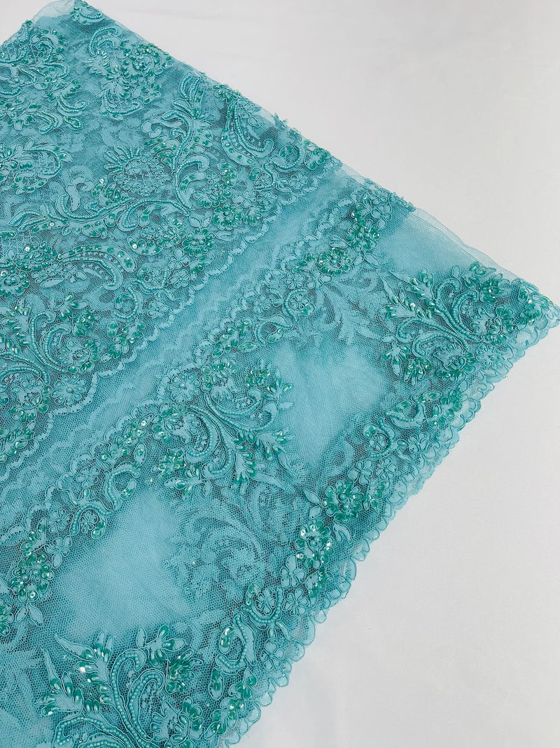 Beaded My Lady Damask Design - Aqua - Beaded Fancy Damask Embroidered Fabric By Yard