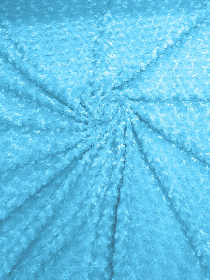 58" Minky Swirl Rose Fabric - Aqua Blue - Soft Rosebud Plush Fur Fabric Sold By The Yard