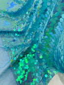 Round Large Sequins - Aqua Blue Iridescent - Paillette Large Round Sequins Design Fabric By Yard