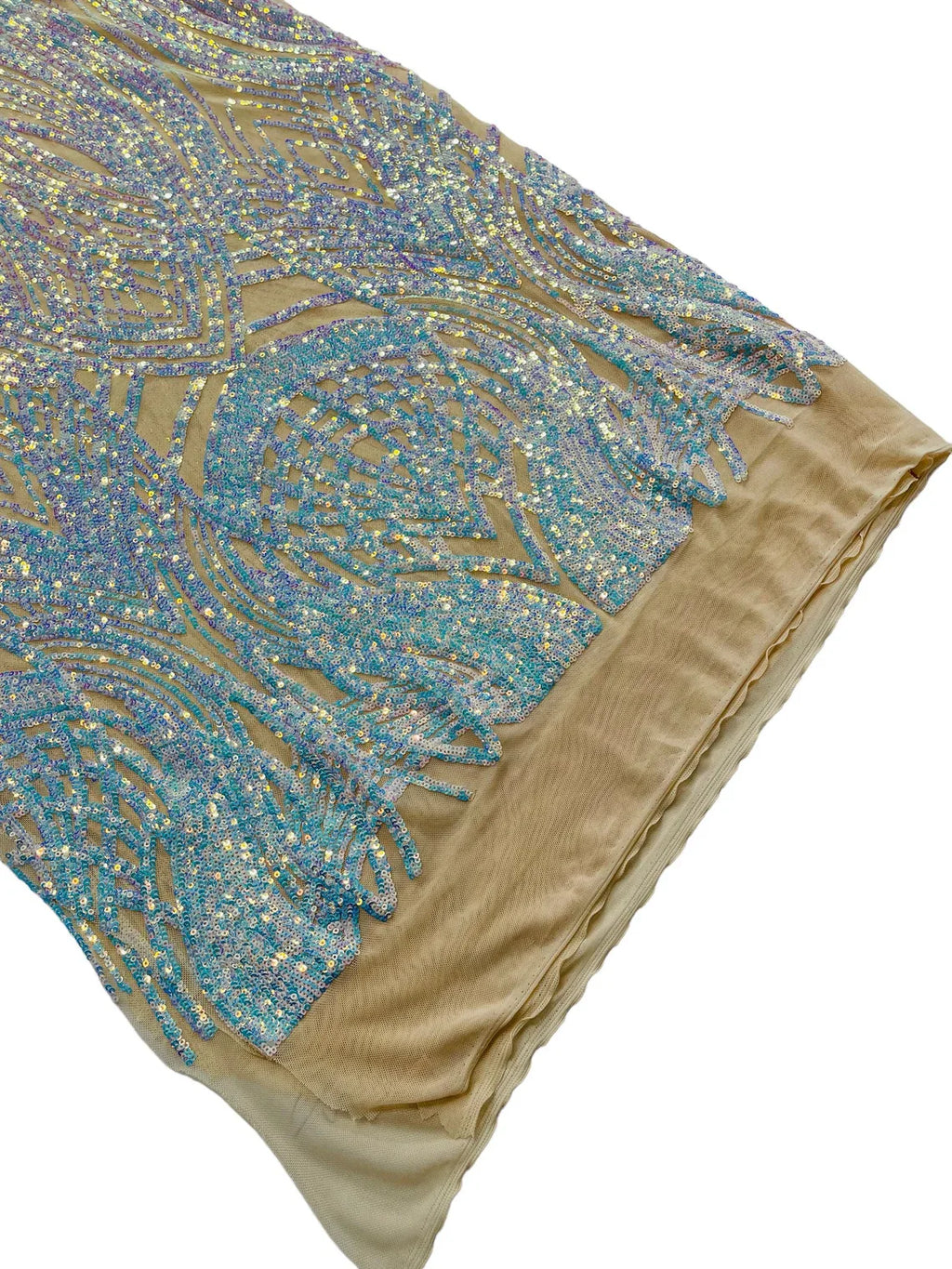 Long Wavy Pattern Sequins - Aqua Blue Iridescent - 4 Way Stretch Sequins Fabric Line Design By Yard