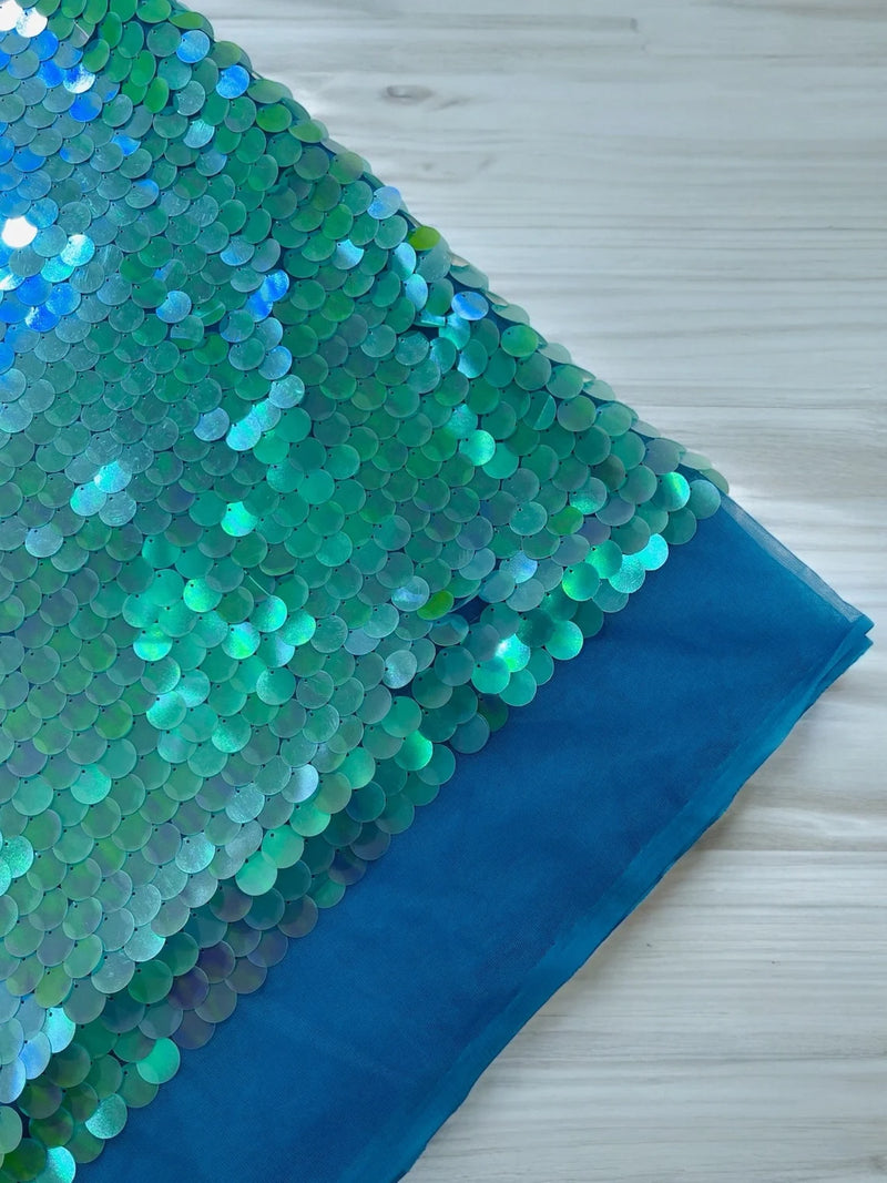 Round Large Sequins - Aqua Blue Iridescent - Paillette Large Round Sequins Design Fabric By Yard